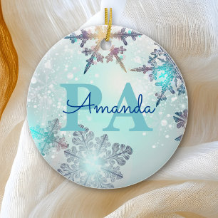 Cute Ice Blue Snowflake Personalised Name PA Ceramic Tree Decoration