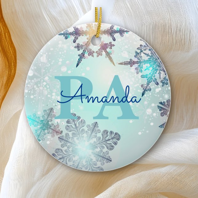 Cute Ice Blue Snowflake Personalised Name PA Ceramic Tree Decoration (Creator Uploaded)