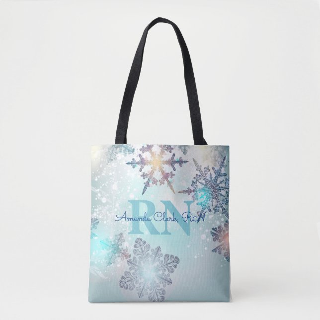 Cute Ice Blue Snowflake Personalised Name RN Nurse Tote Bag (Front)