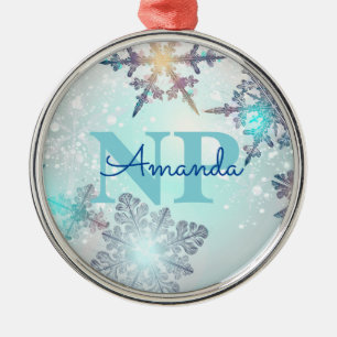 Cute Ice Blue Snowflake Personalized Name NP Nurse Metal Tree Decoration