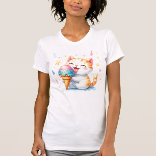 Cute Ice Cream Cat Whimsical Watercolor Kitty  T-Shirt