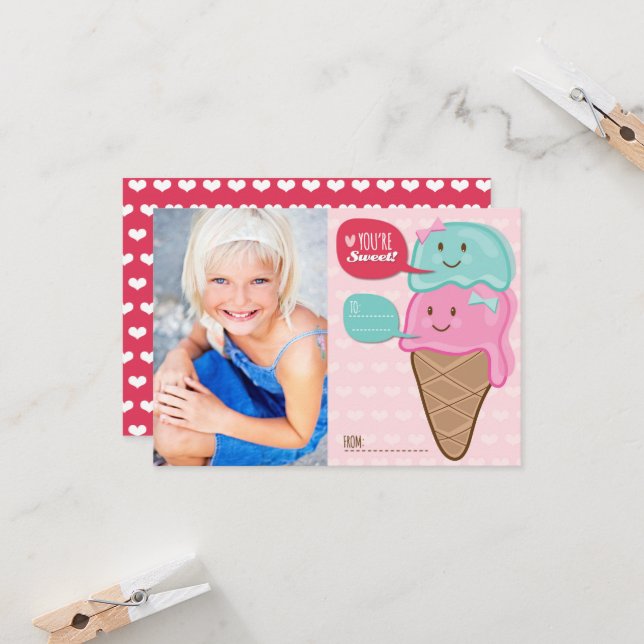 Cute Ice Cream Classroom Kids Valentine Photo Invitation (Front/Back In Situ)