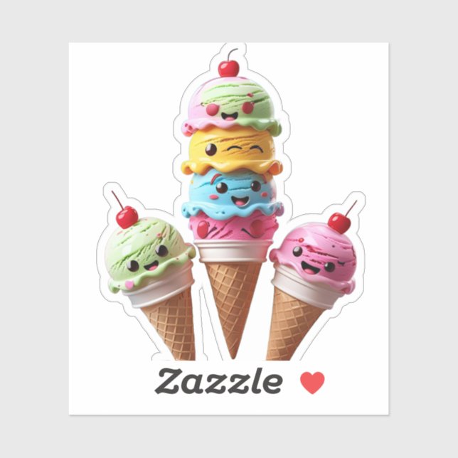 Cute Ice Cream Cone Trio Sticker with Stacked Scoo (Sheet)