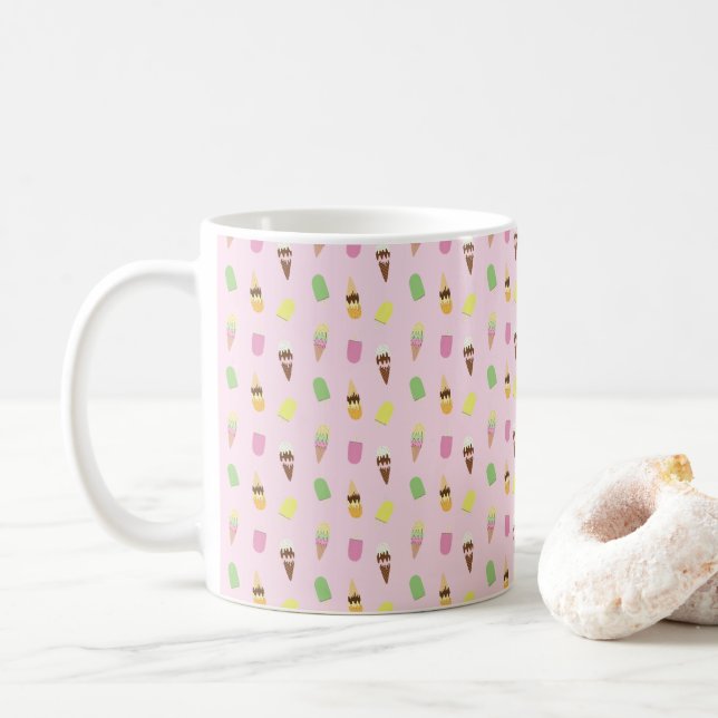 Cute Ice Cream Cones, Popsicle Ice Blocks on Pink Coffee Mug (With Donut)