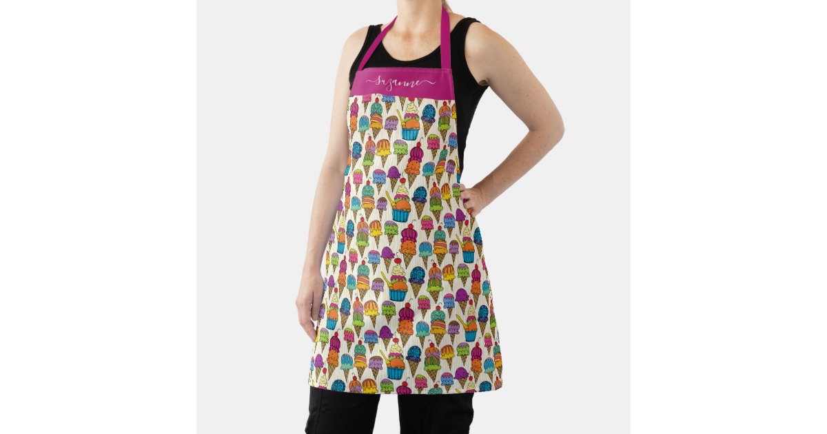 Cute Ice Cream Cones White Dessert Pattern Name Apron ...