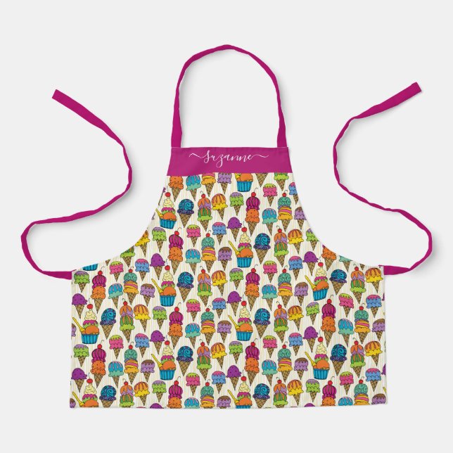 Cute Ice Cream Cones White Dessert Pattern Name Apron (Front)