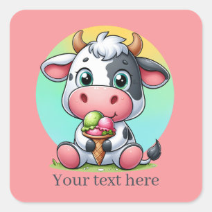 Cute ice cream cow add text  square sticker