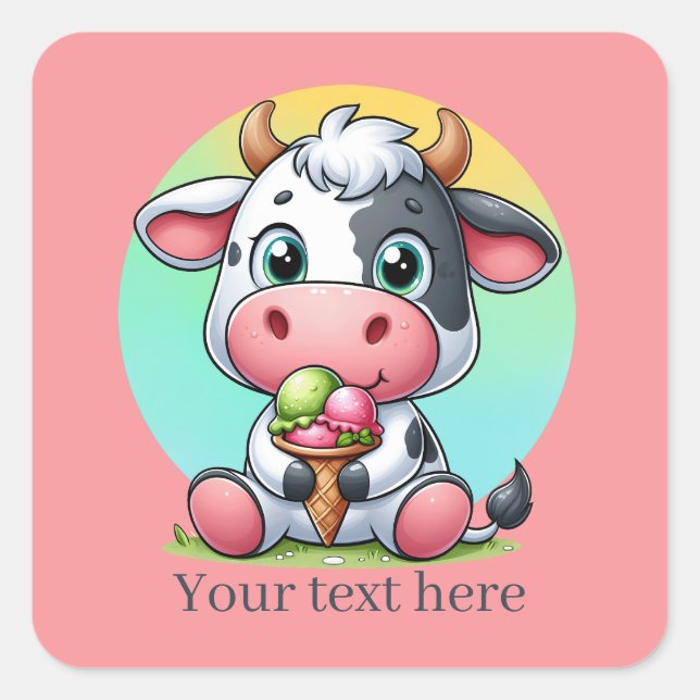 Cute ice cream cow add text  square sticker (Front)