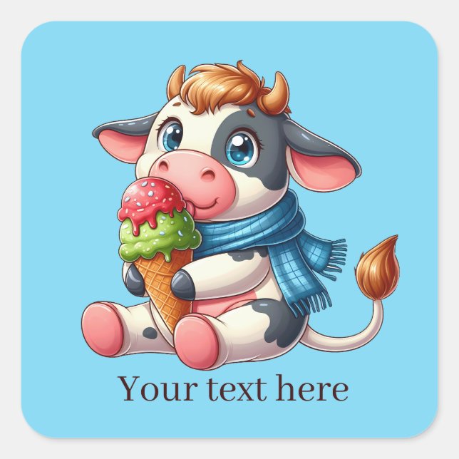 Cute ice cream cow add text  square sticker (Front)