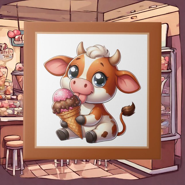 Cute ice cream cow brown back ceramic tile  (Creator Uploaded)