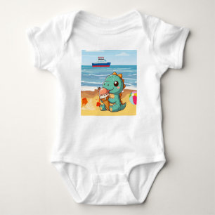 Cute ice cream eating dino at the beach baby bodysuit