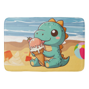 Cute ice cream eating dino at the beach bath mat