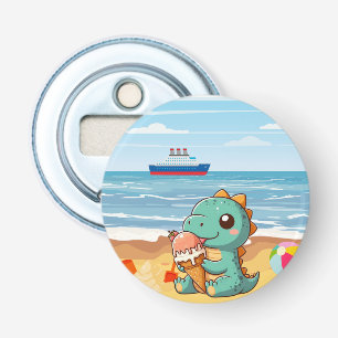 Cute ice cream eating dino at the beach bottle opener