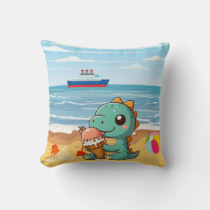 Cute ice cream eating dino at the beach cushion