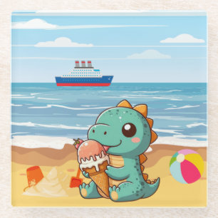 Cute ice cream eating dino at the beach glass coaster