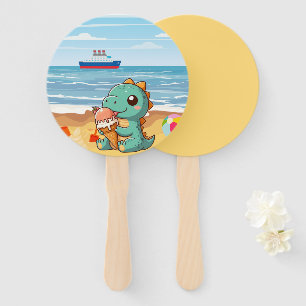 Cute ice cream eating dino at the beach hand fan