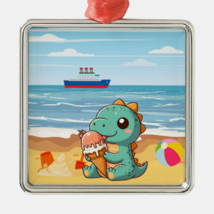 Cute ice cream eating dino at the beach metal tree decoration