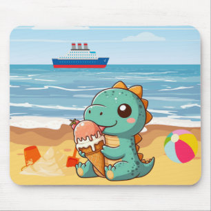 Cute ice cream eating dino at the beach mouse mat