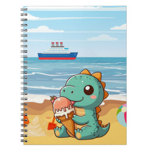Cute ice cream eating dino at the beach notebook