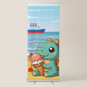 Cute ice cream eating dino at the beach retractable banner