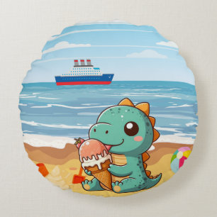 Cute ice cream eating dino at the beach round cushion