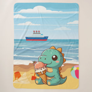 Cute ice cream eating dino at the beach sherpa blanket