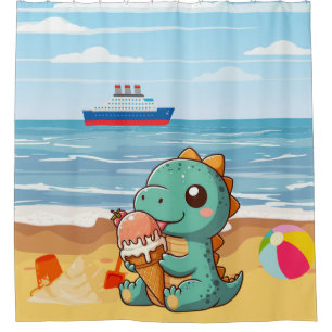 Cute ice cream eating dino at the beach shower curtain