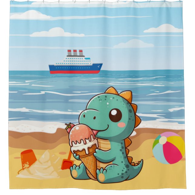 Cute ice cream eating dino at the beach shower curtain (Front)