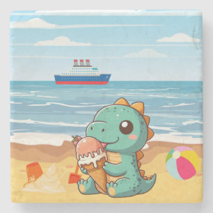 Cute ice cream eating dino at the beach stone coaster