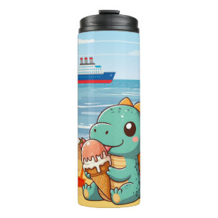 Cute ice cream eating dino at the beach thermal tumbler
