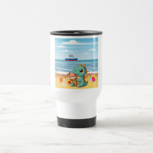 Cute ice cream eating dino at the beach travel mug