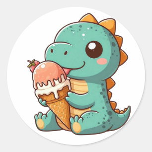 Cute ice cream eating dino classic round sticker