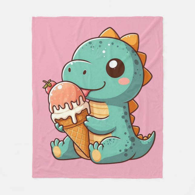 Cute ice cream eating dino fleece blanket (Front)