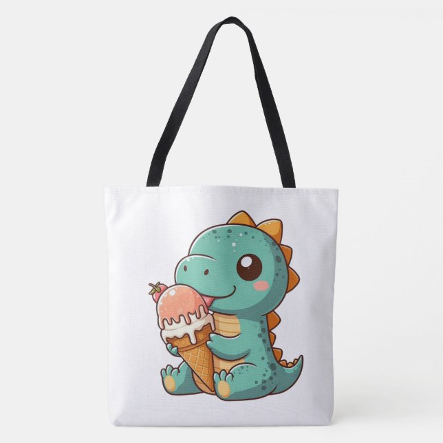 Cute ice cream eating dino tote bag (Front)