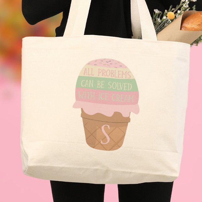 Cute Ice Cream Monogrammed Jumbo Tote Bag (All problems can be solved with ice cream. Just add your initial to this cute summer tote bag)