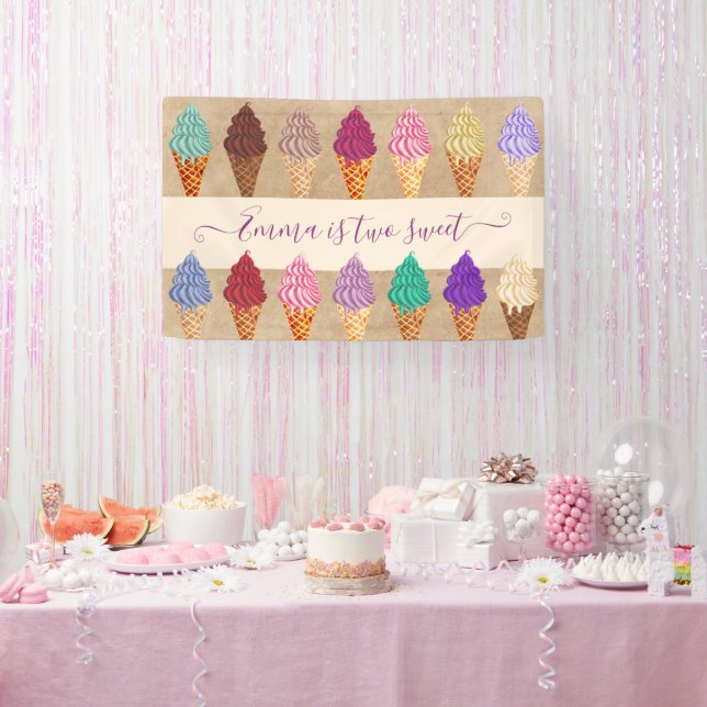    Cute Ice Cream Party Baby Girl 2 Years Birthday Banner (Party)