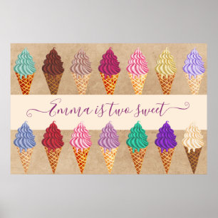 Cute Ice Cream Party Baby Girl 2 Years Birthday Poster