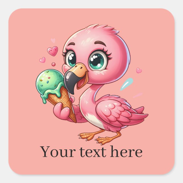 Cute ice cream pink flamingo add text  square sticker (Front)