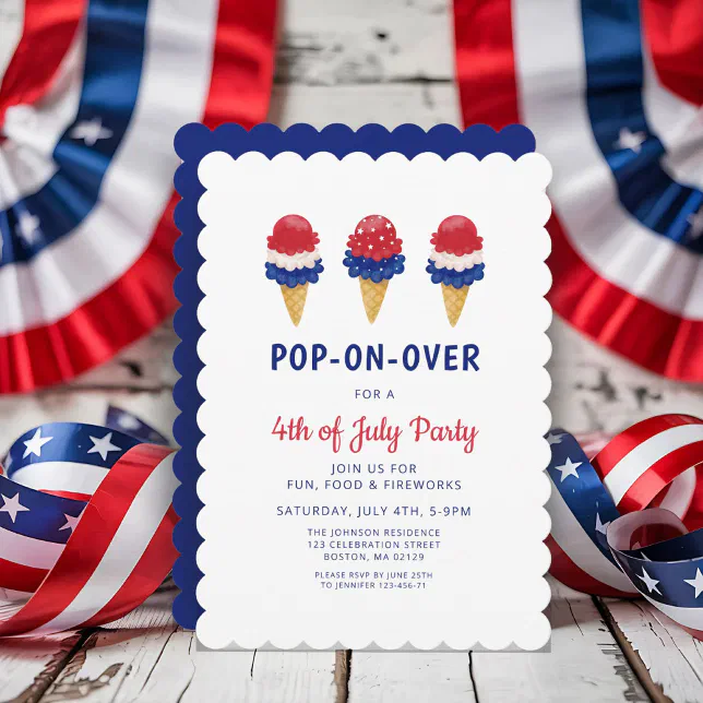 Cute Ice Cream Red, White And Blue 4th of July Invitation | Zazzle