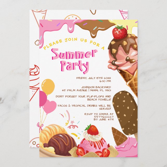 Cute ice cream summer party invitation (Front/Back)