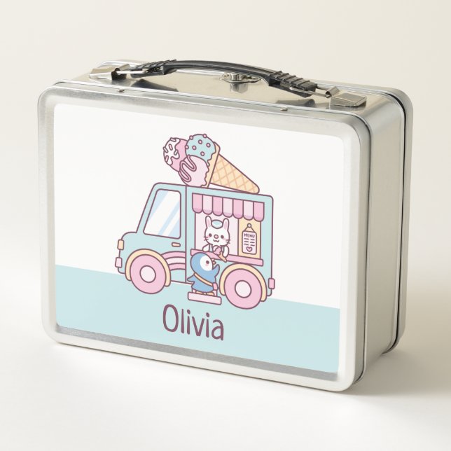 Cute Ice Cream Truck Bunny And Penguin Girls Name  Metal Lunch Box (Back)