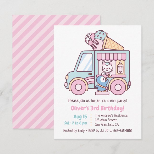 Cute Ice Cream Truck Kids Birthday Party Invitation (Front/Back)