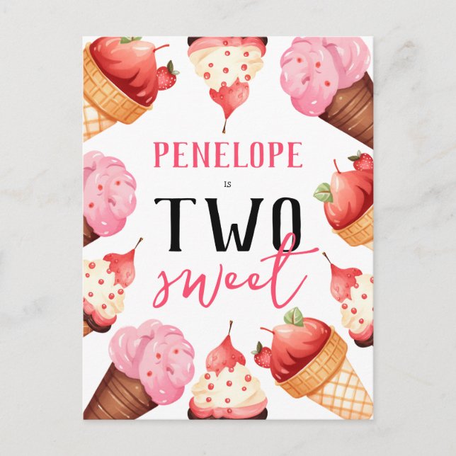 Cute Ice Creams Girls 2nd Birthday Party Invitation Postcard (Front)