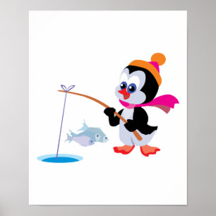cute ice fishing little penguin poster