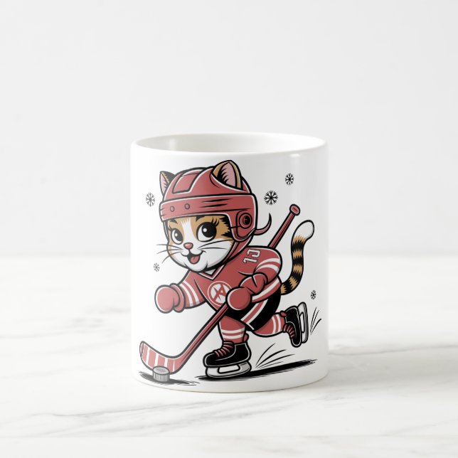 Cute Ice Hockey Cat Player – Fun Sports Cartoon De Coffee Mug (Center)
