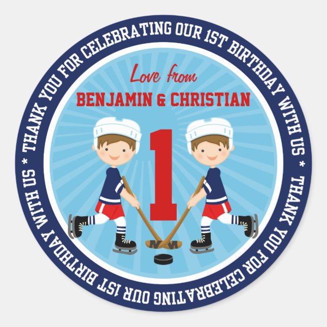 Cute Ice Hockey Twins 1st Birthday Thank You Classic Round Sticker (Front)