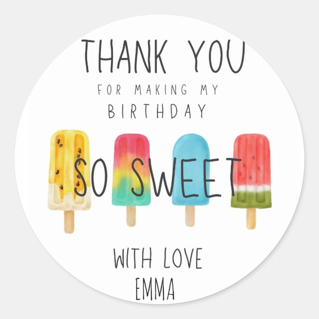 Cute Ice pop birthday Thank you Favour Classic Round Sticker (Front)