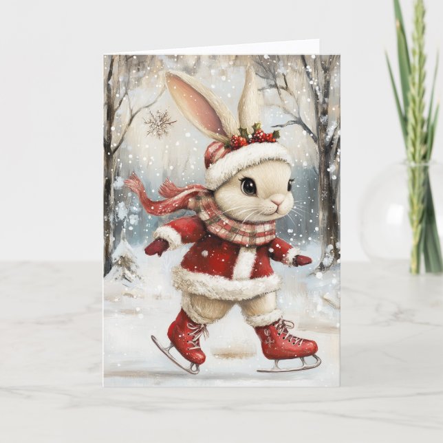 Cute Ice Skating Baby Bunny Christmas Holiday Card (Front)