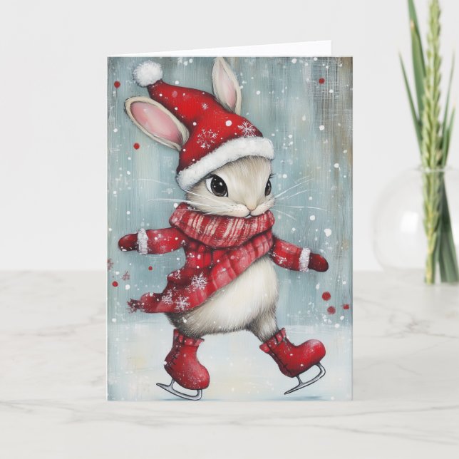 Cute Ice Skating Bunny Christmas Holiday Card (Front)