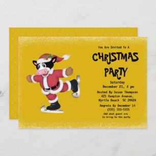 Cute Ice Skating Cow Gold Christmas Party Invitation